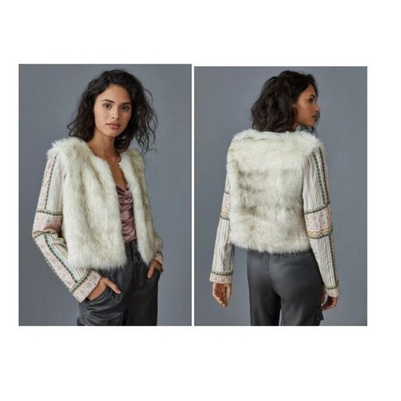Anthropologie Bl-nk Bl^nk London Eliza Embroidered Faux Fur Jacket Size X-Small - Picture 1 of 12